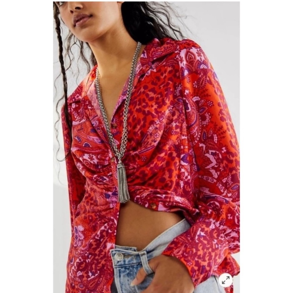 FP Satin soft polyester Top in bright maroon pink and orange.
